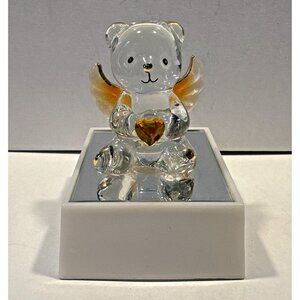 Angel Teddy Bear With Golden Heart Glass Figurine Color Changing Mirrored Base